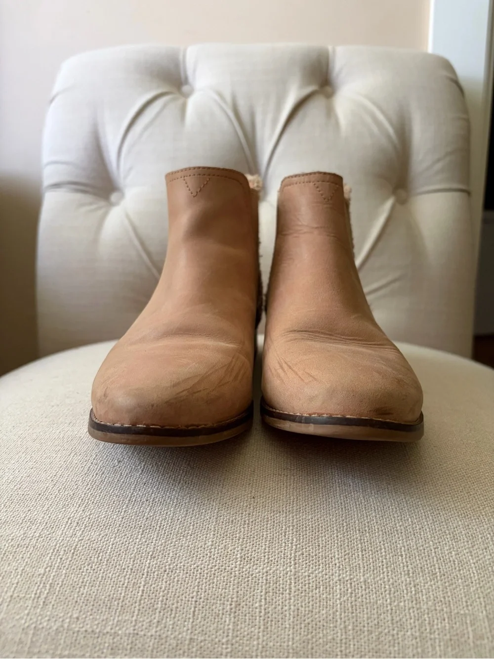 Toms Tan Chelsea Booties with Shearling Heel Accent